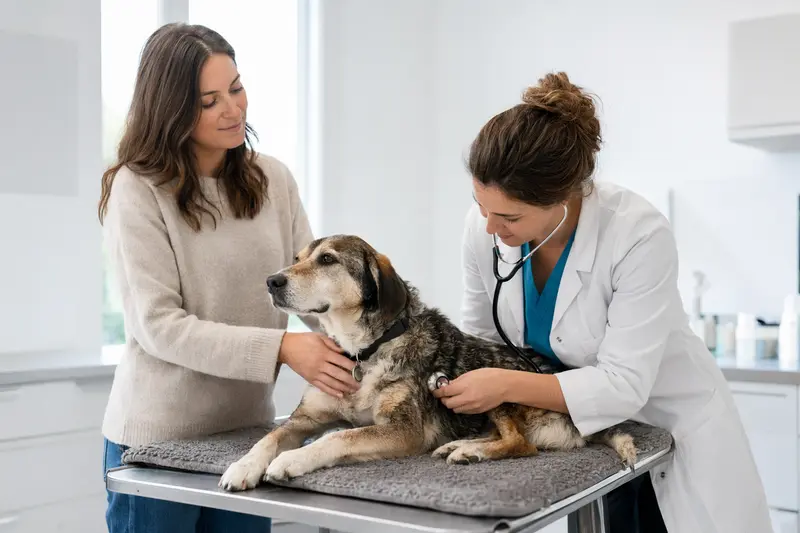 Ein ruhiger Hygenlaufhund wird von einer Tierärztin in einer modernen Tierarztpraxis mit einem Stethoskop untersucht.