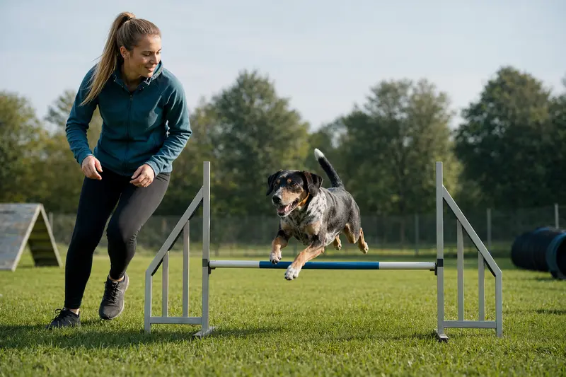 Ein aktiver Hygenlaufhund trainiert mit seinem Besitzer auf einem Hundeplatz über eine kleine Hürde.