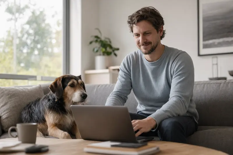 Ein Hund sitzt entspannt neben seinem Besitzer, der auf einem Laptop die besten Tierversicherungen vergleicht.