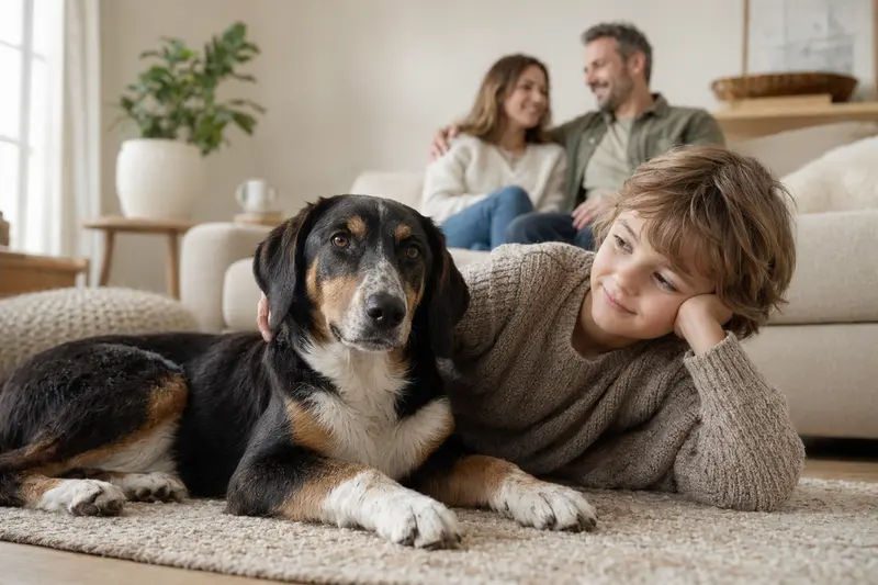 Ein Ilirski Gonic Hund liegt entspannt neben einem Kind im Wohnzimmer, während Eltern im Hintergrund eine warme und sichere Familienatmosphäre schaffen.