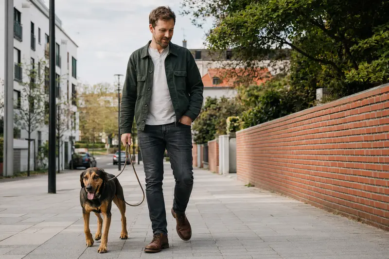 Ein Ilirski Gonic läuft angeleint mit seinem Besitzer durch eine freundliche moderne Stadtstraße.