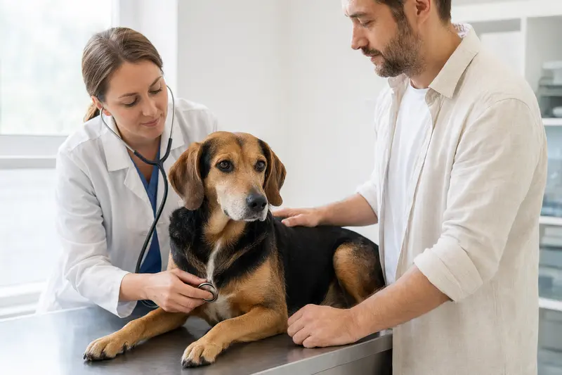Ein ruhiger Ilirski Gonic Hund wird von einer freundlichen Tierärztin in einer modernen Tierarztpraxis mit einem Stethoskop untersucht.