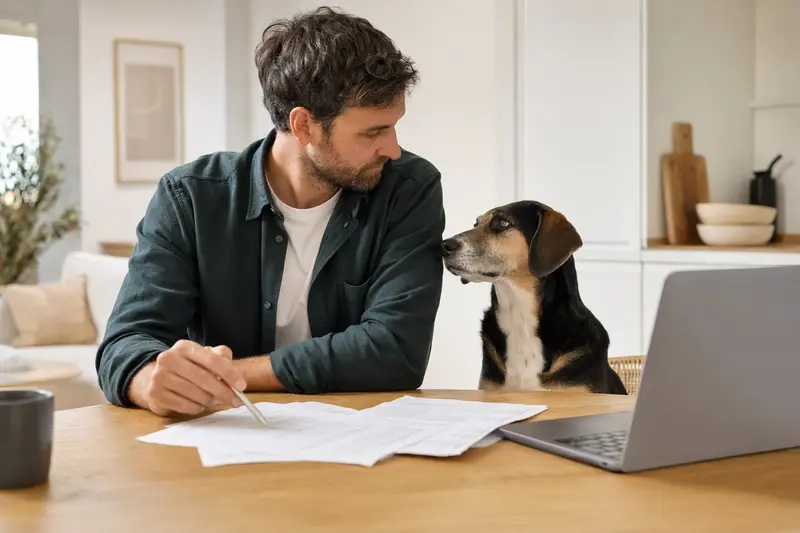 Ein Ilirski Gonic Hund sitzt ruhig neben seinem Besitzer am Küchentisch, wo Versicherungsunterlagen und ein Laptop liegen.