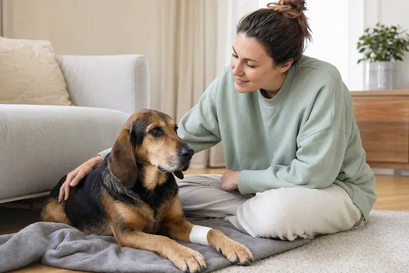 Ein Ilirski Gonic Hund mit leichtem Verband an der Pfote liegt entspannt auf einer Decke, während sein erleichterter Besitzer neben ihm sitzt.