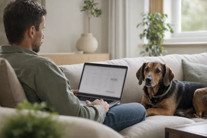 Ein Hundebesitzer nutzt seinen Laptop auf dem Sofa, während sein Ilirski Gonic neben ihm sitzt.