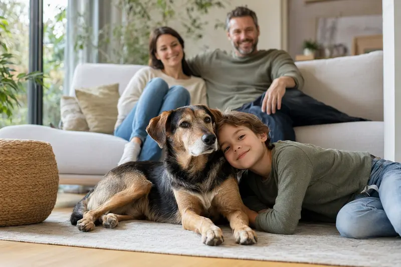 Ein Illyrischer Laufhund liegt entspannt neben einem Kind im hellen Wohnzimmer, während die Eltern im Hintergrund zu sehen sind.