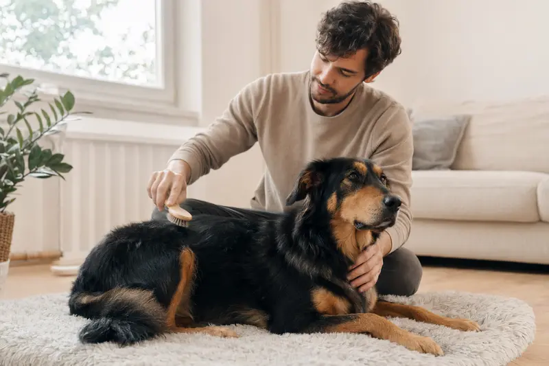 Ein Illyrischer Laufhund wird in einer hellen Wohnung sanft gebürstet, während sein Besitzer die Fellpflege liebevoll übernimmt.