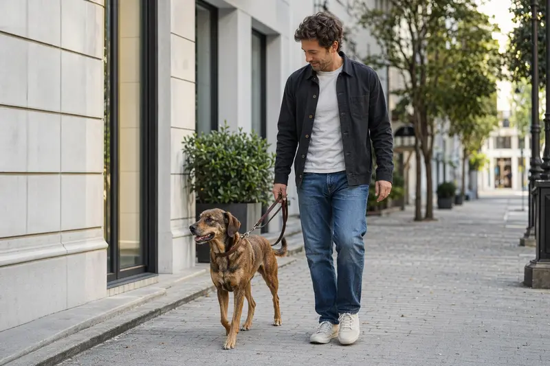 Ein Illyrischer Laufhund läuft an der Leine mit seinem Besitzer durch eine freundliche moderne Stadtstraße.