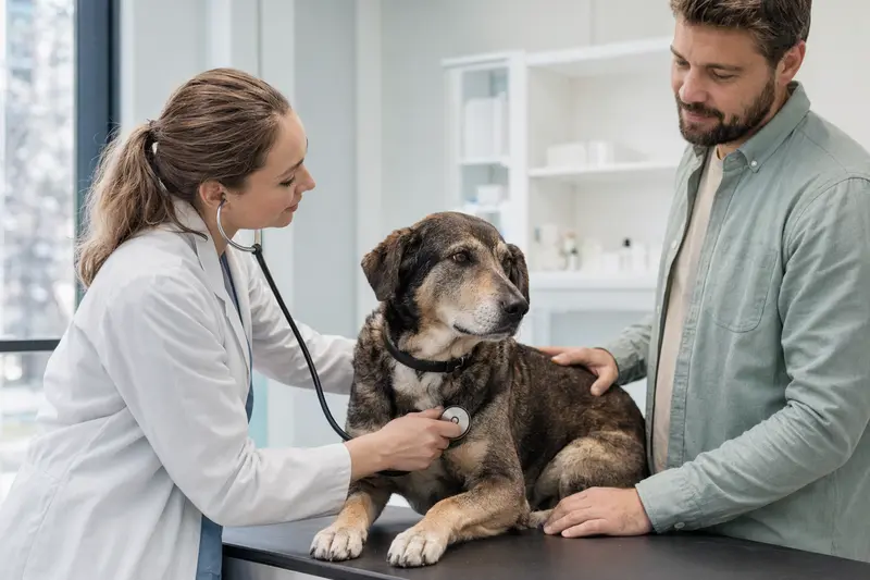 Ein ruhiger Illyrischer Laufhund wird von einer Tierärztin mit Stethoskop in einer modernen Praxis untersucht, während der Besitzer beruhigend daneben steht.