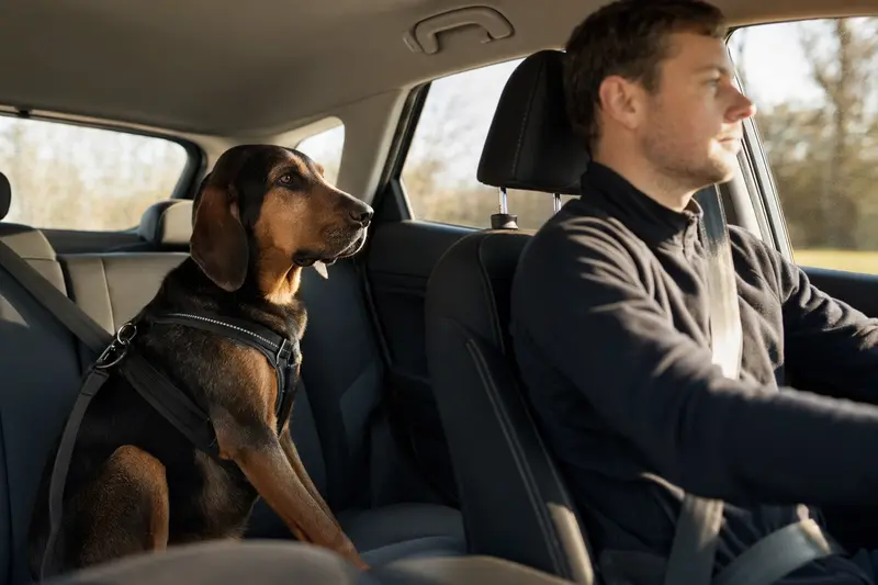 Ein Illyrischer Laufhund sicher angeschnallt auf der Rückbank eines Autos mit Sonnenlicht im Hintergrund.