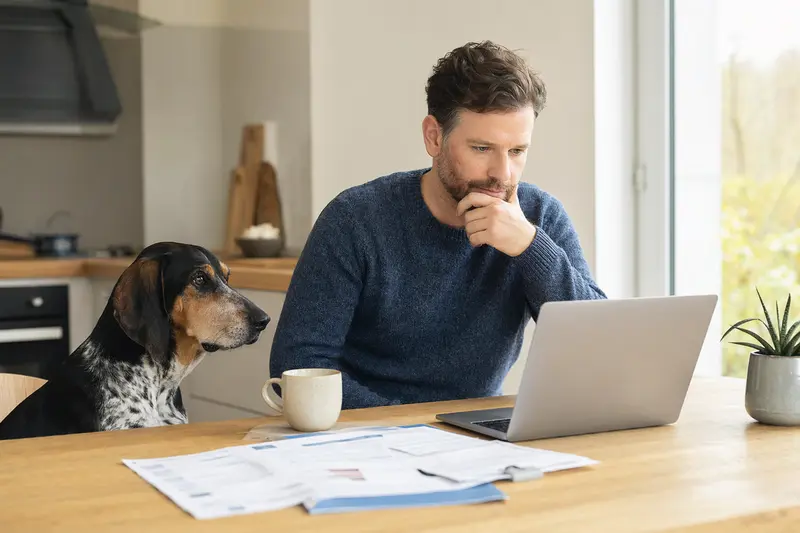 Ein Illyrischer Laufhund sitzt ruhig neben seinem Besitzer am Küchentisch, auf dem Versicherungsunterlagen und ein Laptop liegen.
