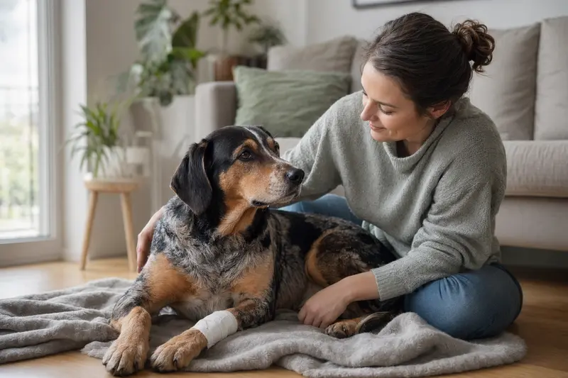 Ein Illyrischer Laufhund mit Verband an der Pfote liegt ruhig neben seinem erleichterten Besitzer in einer hellen Wohnung.
