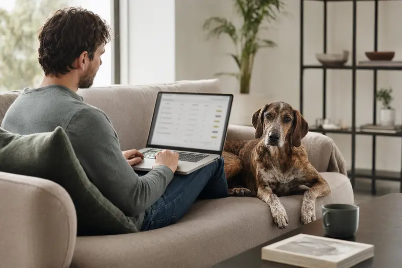Ein Hundebesitzer sitzt auf dem Sofa mit Laptop, während sein Illyrischer Laufhund neben ihm liegt und eine neutrale Versicherungsvergleichs-Oberfläche angezeigt wird.