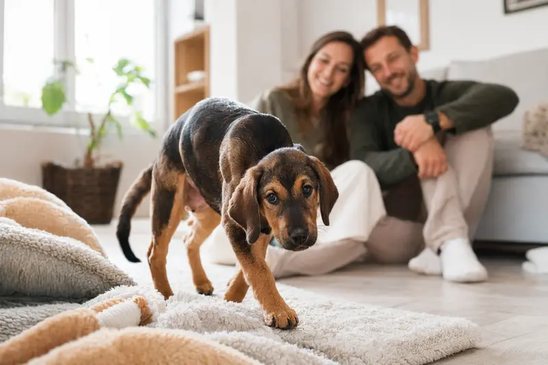 Ein junger Illyrischer Laufhund Welpe erkundet neugierig seine neue Wohnung mit liebevoller Familie im Hintergrund.