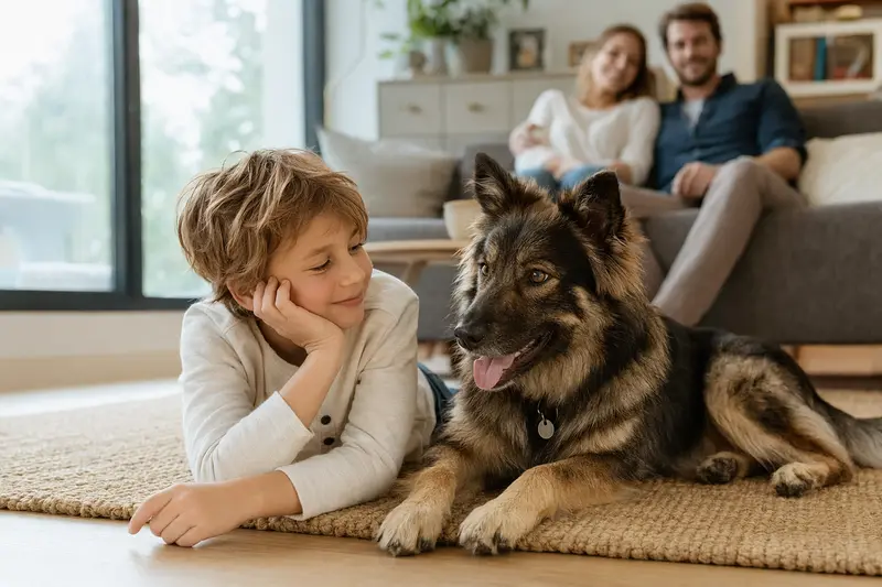 Ein freundlicher Illyrischer Schäferhund liegt entspannt neben einem Kind im hellen Wohnzimmer.