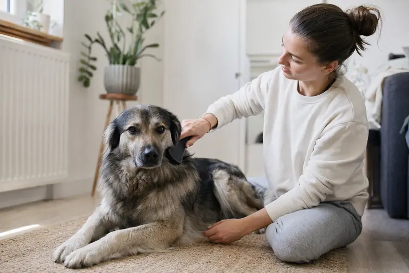 Ein Illyrischer Schäferhund wird in einer hellen Wohnung liebevoll gebürstet und gepflegt.