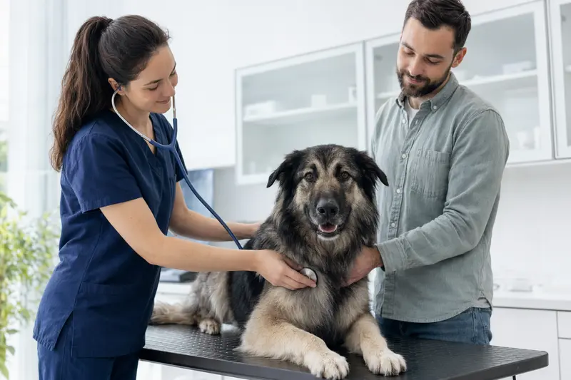 Ein Illyrischer Schäferhund wird von einer freundlichen Tierärztin in einer modernen Praxis mit Stethoskop untersucht, während der Besitzer beruhigend daneben steht.