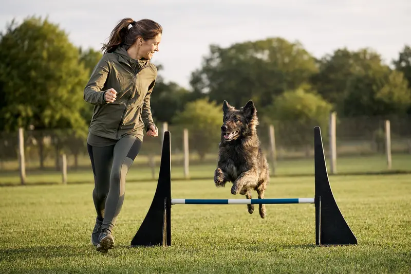 Illyrischer Schäferhund trainiert mit seinem Besitzer auf einem Hundeplatz über eine kleine Hürde.