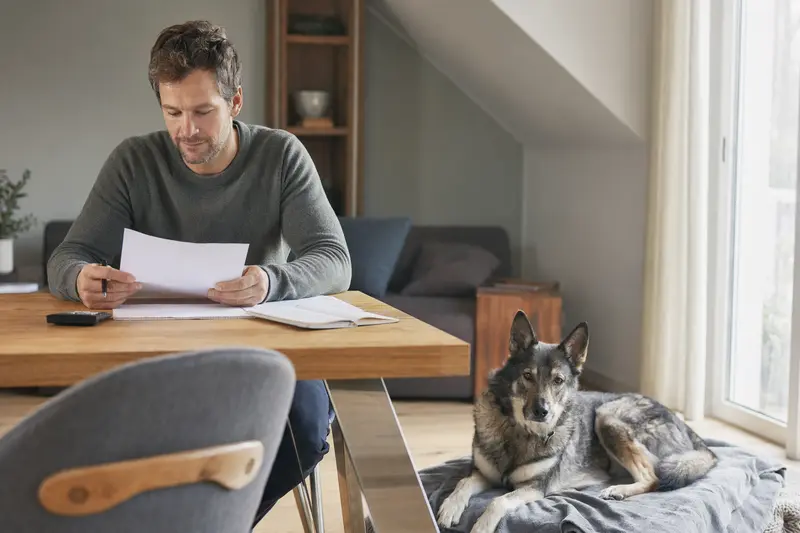 Besitzer sitzt mit einer Tierarztrechnung am Tisch, während ein entspannter Illyrischer Schäferhund auf einer Decke daneben liegt, als ruhige Szene zu Tierarztkosten und Hundeversicherung.