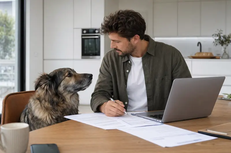 Ein Illyrischer Schäferhund sitzt entspannt am Küchentisch neben seinem Besitzer, während Versicherungsunterlagen und ein Laptop auf dem Tisch liegen.