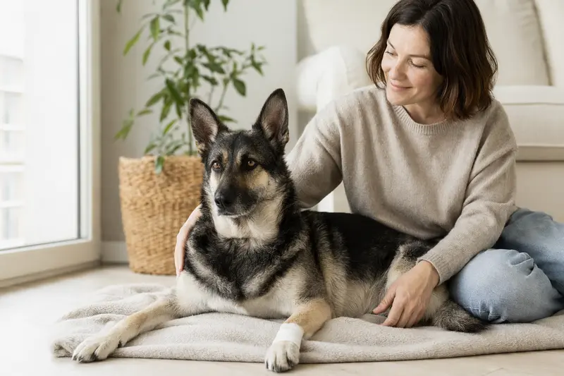 Ein Illyrischer Schäferhund mit einem leichten Verband an der Pfote liegt entspannt neben seinem besorgten Besitzer in einer hellen Wohnung.