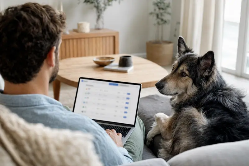 Ein Hundehalter mit einem Illyrischen Schäferhund nutzt seinen Laptop auf dem Sofa, um verschiedene Versicherungsangebote zu vergleichen.