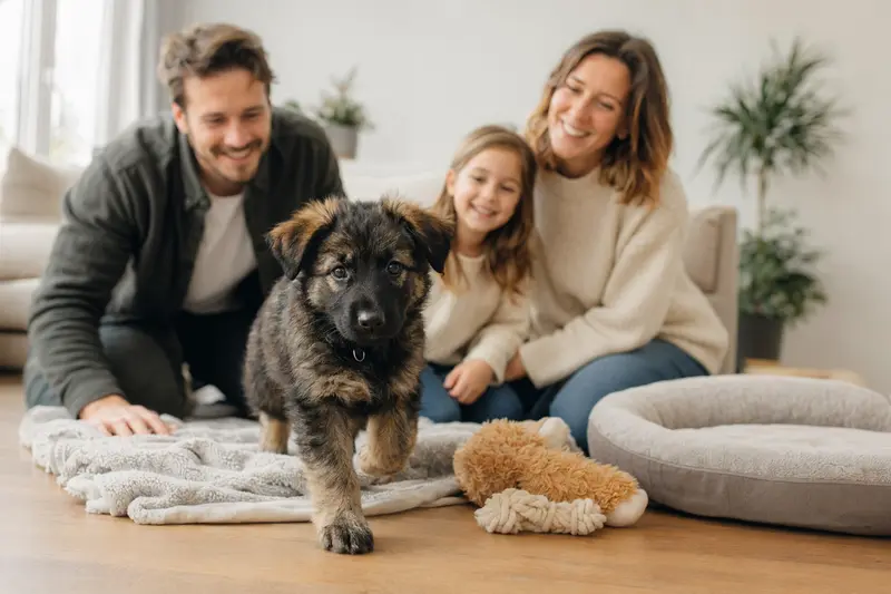Ein neugieriger Illyrischer Schäferhund Welpe erkundet sein neues Zuhause, umgeben von einer liebevollen Familie.