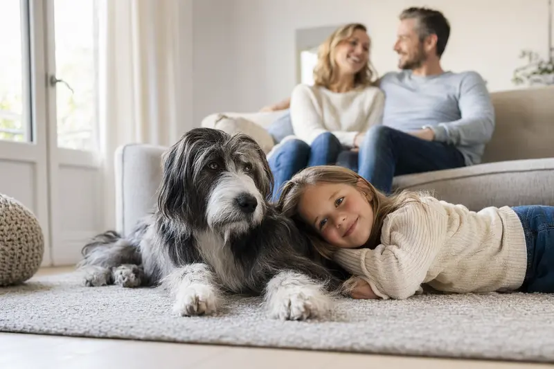 Ein freundlicher Indian Beardog liegt entspannt neben einem Kind im Wohnzimmer, während die Eltern im Hintergrund eine warme Familienatmosphäre schaffen.