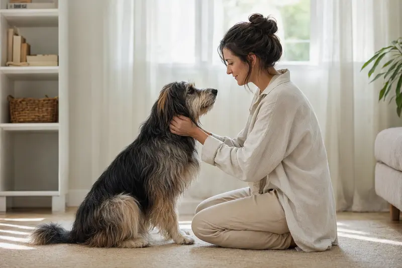 Ein aufmerksam stehender Indian Beardog vor hellem Hintergrund als realistisches Tierportrait.