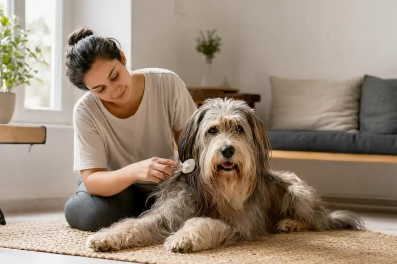 Ein Indian Beardog wird zuhause sanft gebürstet, während sein Besitzer die Fellpflege liebevoll und ruhig übernimmt.