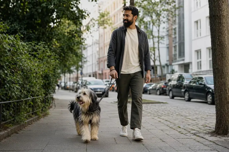 Ein Indian Beardog läuft an der Leine mit seinem Besitzer durch eine freundliche, moderne Stadtstraße.