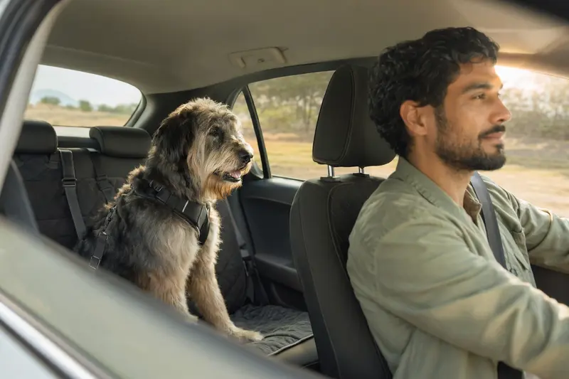Ein Indian Beardog Hund sitzt sicher angeschnallt auf der Rückbank eines Autos, während der Besitzer ruhig fährt.