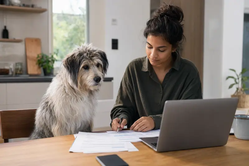Ein Indian Beardog Hund sitzt friedlich neben seinem Besitzer am Küchentisch, auf dem Versicherungsunterlagen und ein Laptop liegen.