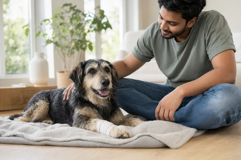 Ein Indian Beardog Hund mit einem leichten Verband an der Pfote liegt entspannt auf einer Decke, während sein Besitzer beruhigt neben ihm sitzt.