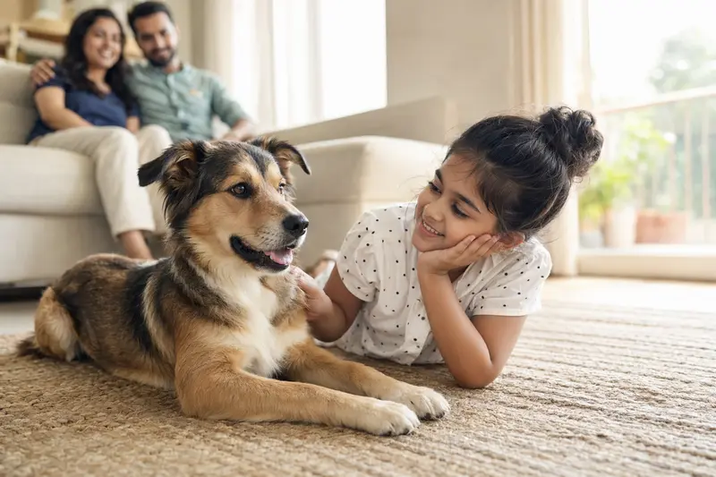 Ein freundlicher Hund liegt entspannt neben einem Kind im Wohnzimmer, während die Eltern im Hintergrund eine warme und sichere Familienatmosphäre schaffen.