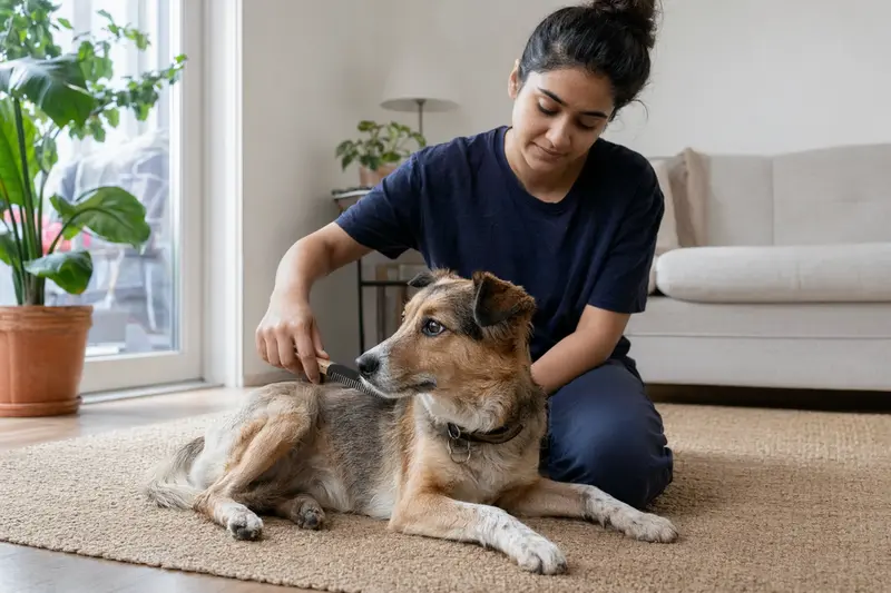 Ein Indianas Dog wird zuhause sanft gebürstet, während sein Besitzer liebevoll die Fellpflege übernimmt.