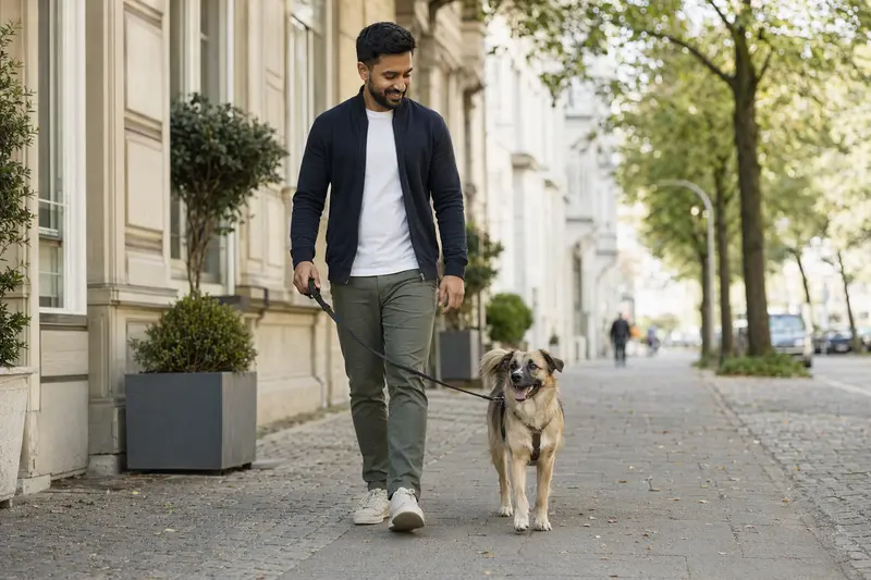 Ein Hund läuft an der Leine mit seinem Besitzer durch eine moderne Stadtstraße in entspannter Alltagssituation.