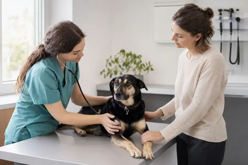 Ein Indians Dog Hund wird vorsichtig von einer freundlichen Tierärztin mit einem Stethoskop in einer modernen Praxis untersucht, während der Besitzer beruhigend daneben steht.