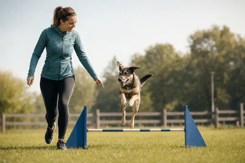 Ein aktiver Indian Dog trainiert mit seinem Besitzer auf einem Hundeplatz über eine kleine Trainingshürde.