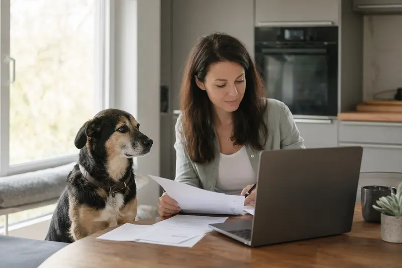 Ein Indians Dog Hund sitzt ruhig neben seinem Besitzer am Küchentisch mit Versicherungsunterlagen und einem Laptop.