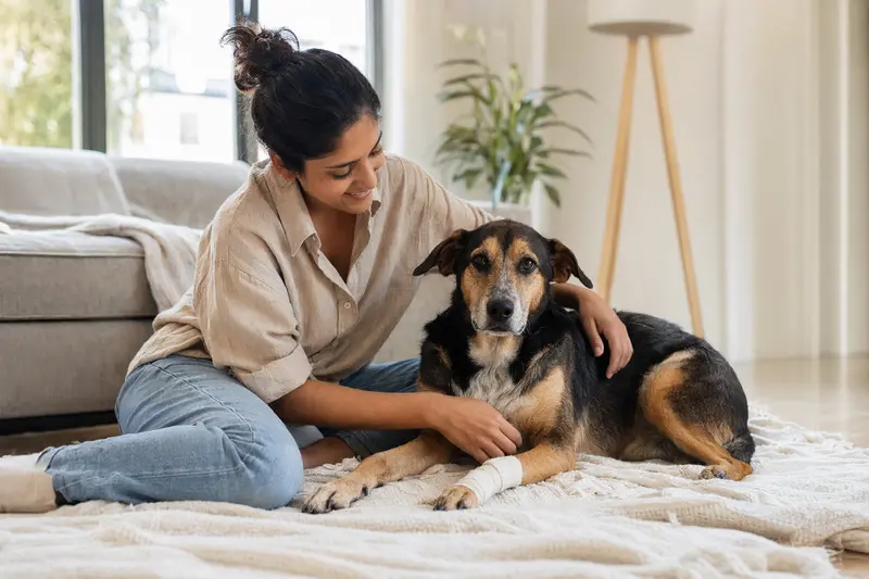 Ein Indians Dog mit leichtem Verband an der Pfote liegt auf einer Decke, während sein erleichterter Besitzer daneben sitzt.