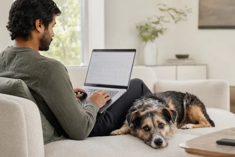 Ein Hundebesitzer sitzt entspannt auf dem Sofa mit einem Laptop, während ein Indians Dog neben ihm sitzt und Informationen zur Tierkrankenversicherung zeigt.