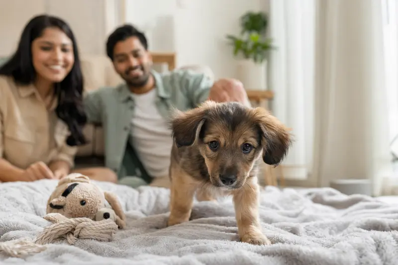 Ein junger Indians Dog Welpe erkundet neugierig sein neues Zuhause mit einer weichen Decke und einem Spielzeug, während eine liebevolle Familie im Hintergrund zu sehen ist.