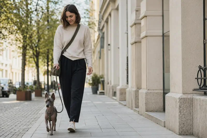 Ein Inka-Nackthund läuft an der Leine mit seinem Besitzer durch eine freundliche moderne Stadtstraße.