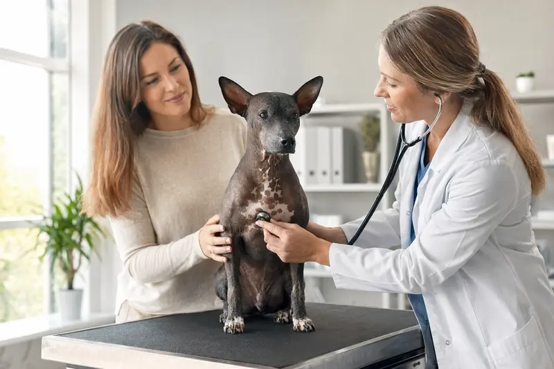 Eine Tierärztin untersucht einen ruhigen Inka-Nackthund mit dem Stethoskop in einer modernen Tierarztpraxis, während der Besitzer beruhigend danebensteht.