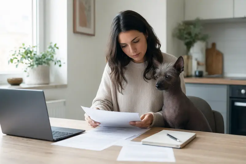 Ein Inka-Nackthund sitzt ruhig neben seinem Besitzer am Küchentisch mit Versicherungsunterlagen und einem Laptop zur Tierkrankenversicherung.