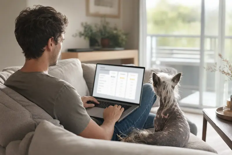Ein Hundebesitzer arbeitet am Laptop auf dem Sofa, während sein Inka-Nackthund daneben sitzt.