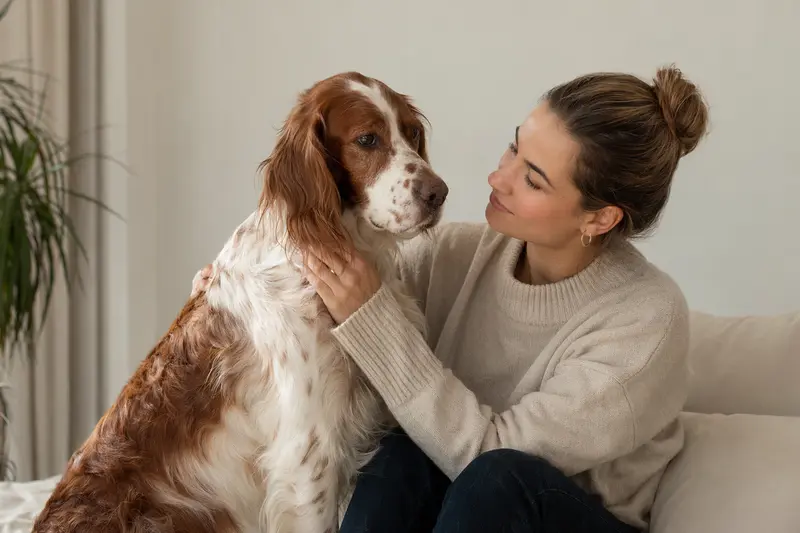 Ein aufmerksam stehender Irisch rot-weißer Setter vor hellem Hintergrund als hochwertiges Hunde-Porträt für den redaktionellen Kontext von petversicherung.de.