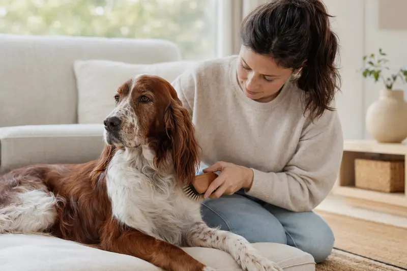 Ein Irisch rot-weisser Setter wird in einer hellen Wohnung liebevoll gebürstet, was die wichtige Fellpflege und Verantwortung im Alltag zeigt.