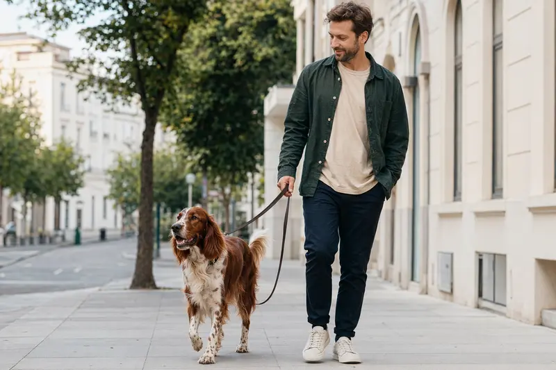 Ein Irisch rot-weißer Setter läuft an der Leine mit seinem Besitzer entspannt durch eine moderne Stadtstraße.